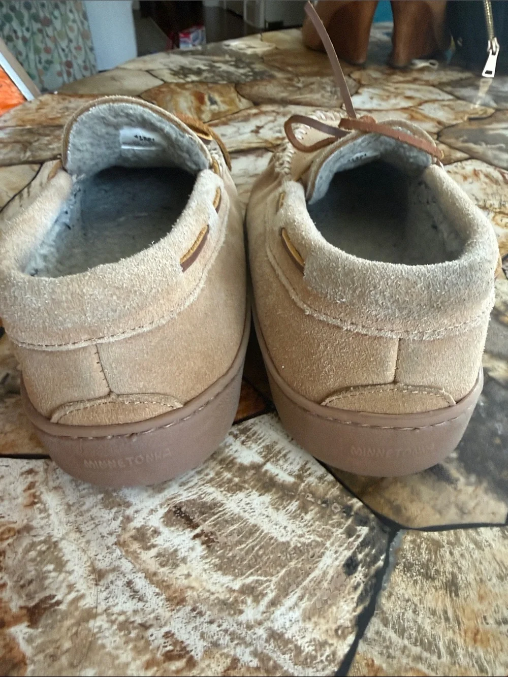 Minnetonka Chestnut Suede Moccasin Slipper with Shearling Lining
